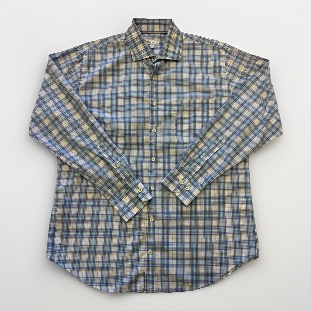 Peter Millar Men's Shirt L Large Blue Plaid Long Sleeve Button Front 100% Cotton